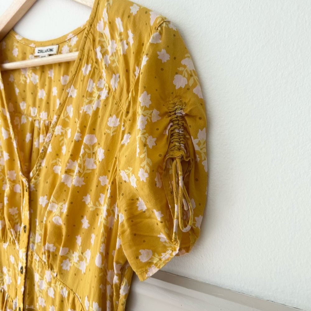 Billabong Medium Mustard Floral Button Front Mini Dress Smocked Waist Boho - Picture 4 of 7